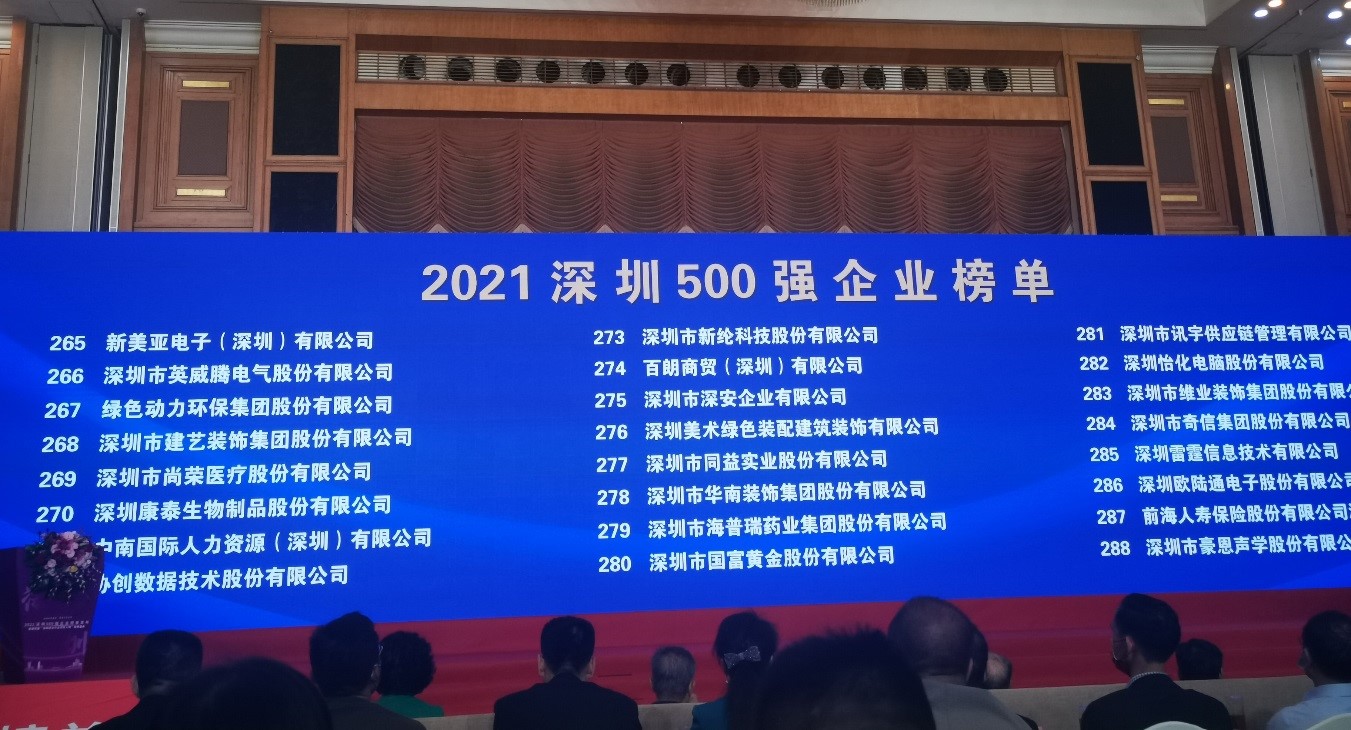 菠菜担保网上榜2021深圳企业500强